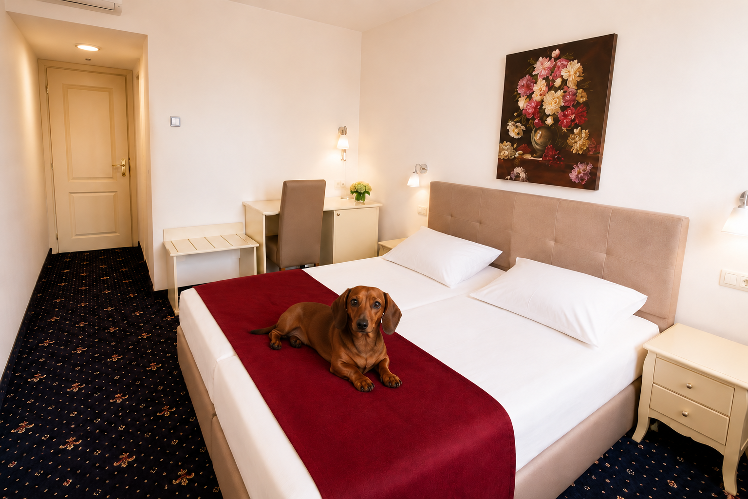 cozy hotel room with dachshund