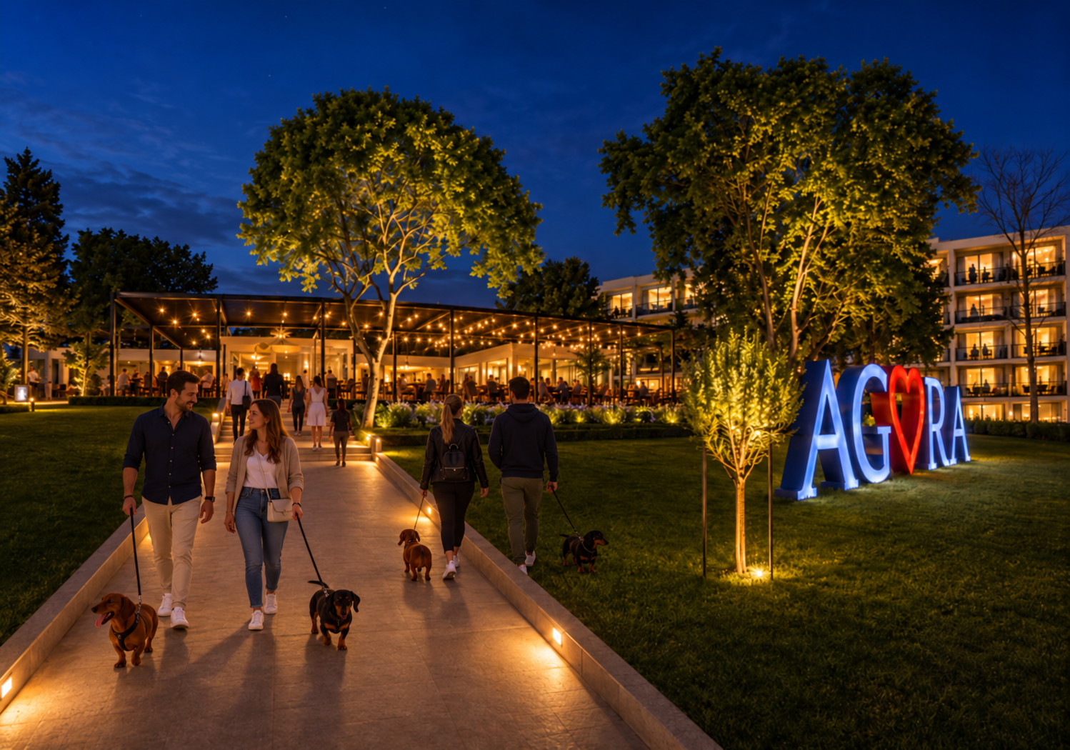 romantic resort stroll under warm lights